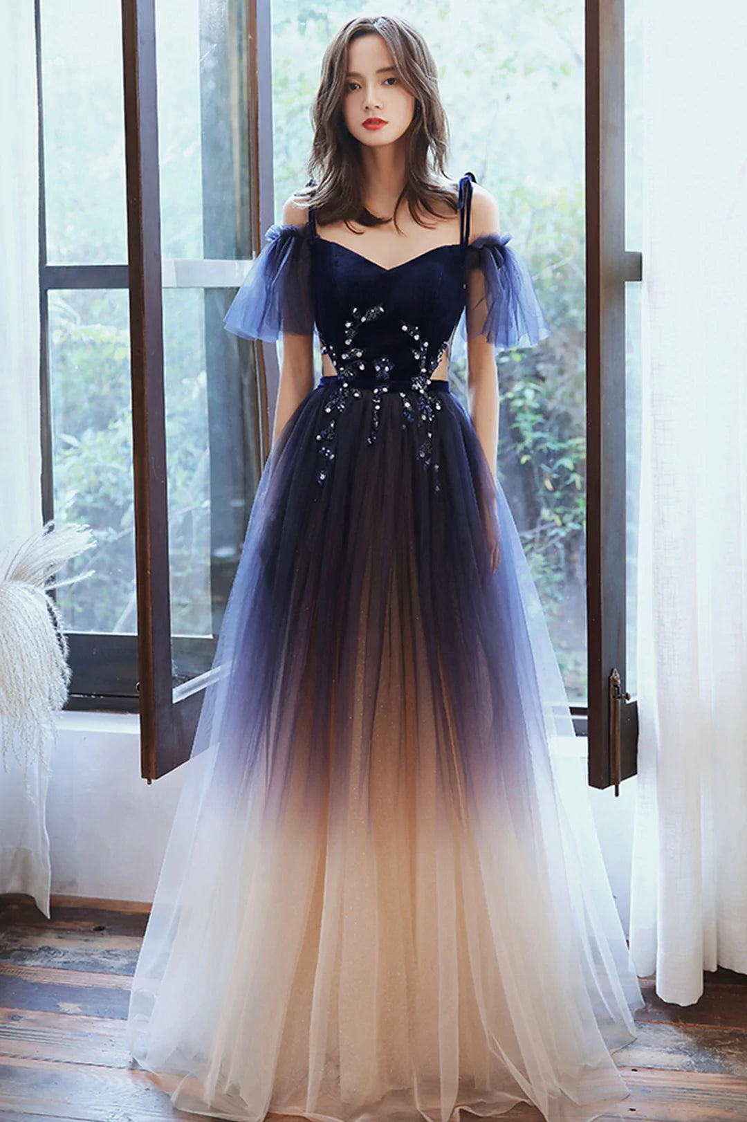 Beautiful Gradient Tulle Long Formal Dress, Blue Velvet and Lace Evening Graduation Dress