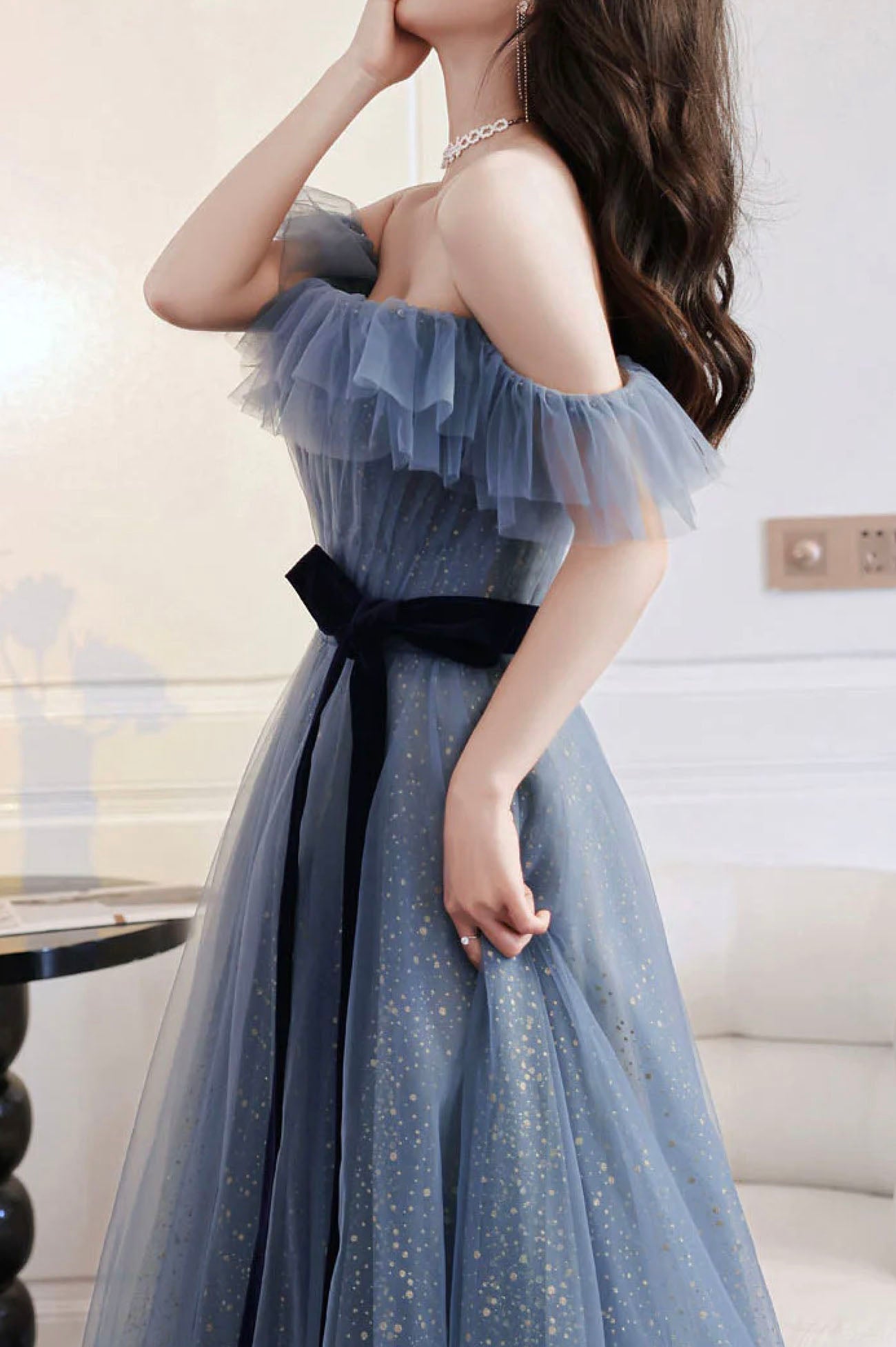 Blue Tulle Off Shoulder Long Formal Dress with Bow, A-Line Evening Gown