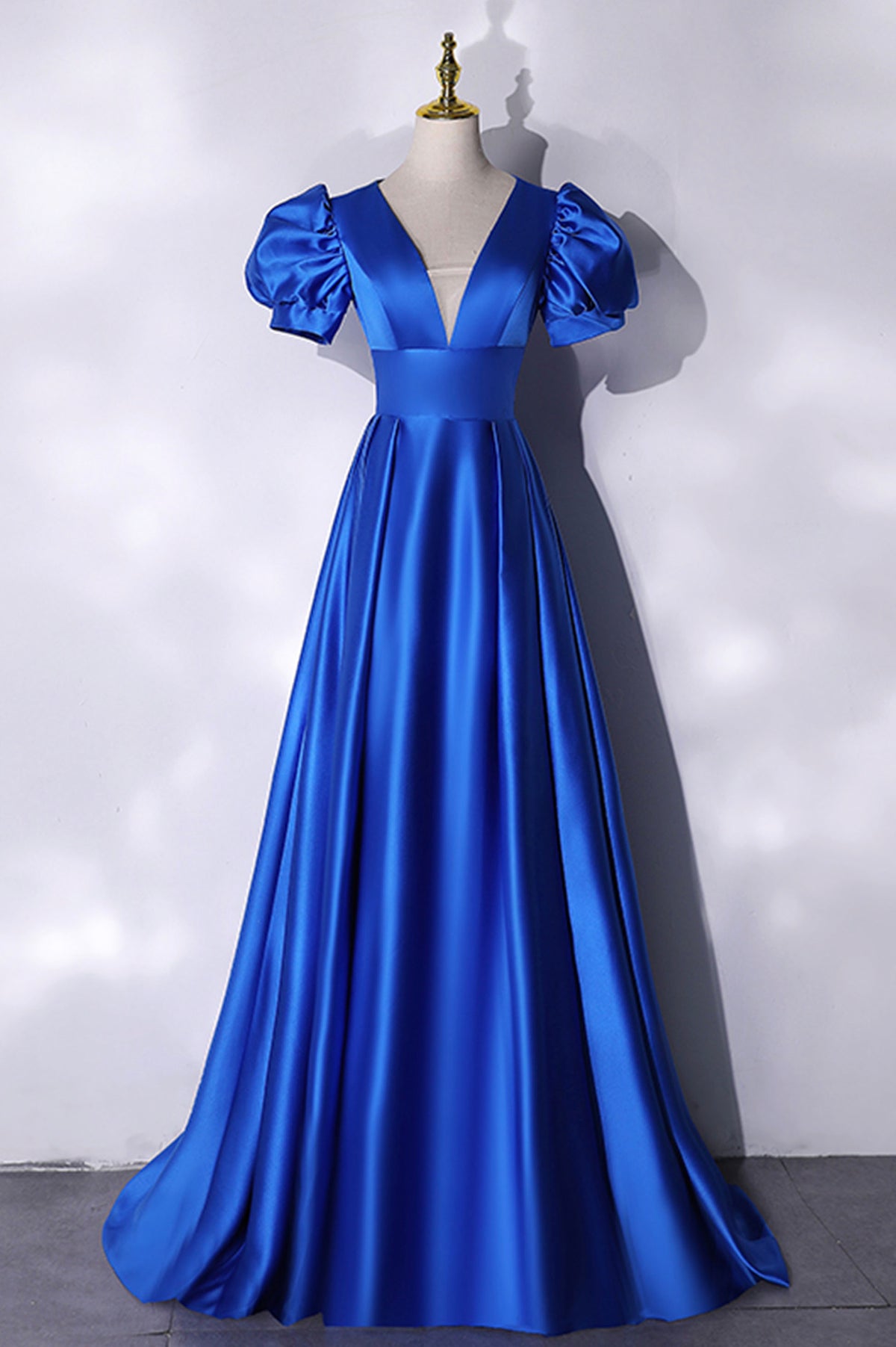 Blue V-Neck Satin Long Prom Dress, Simple Blue Evening Party Dress