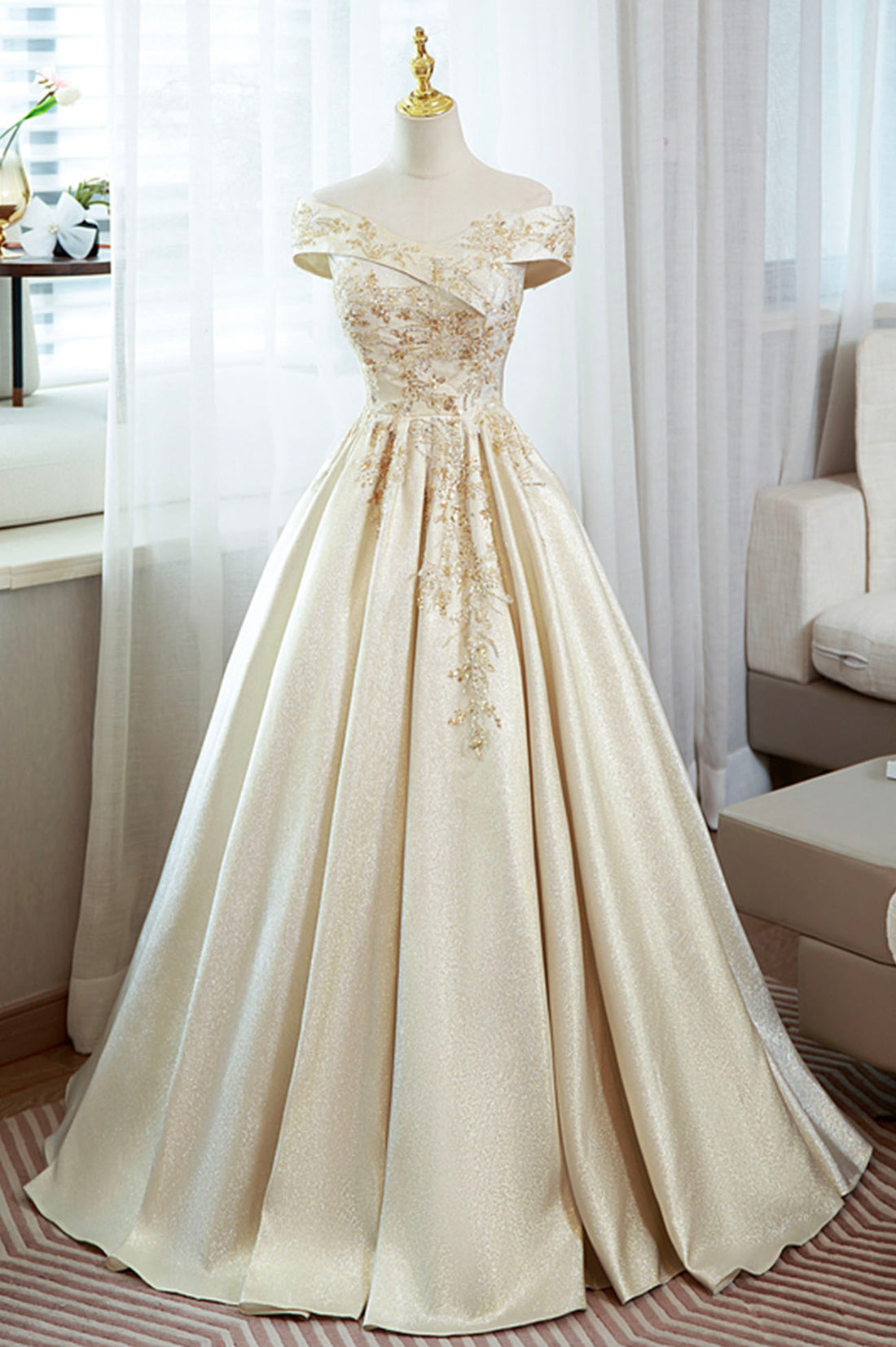 Champagne Satin Long Prom Dress with Beaded, V-Neck Evening Party Dres
