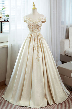 Champagne Satin Long Prom Dress with Beaded, V-Neck Evening Party Dress