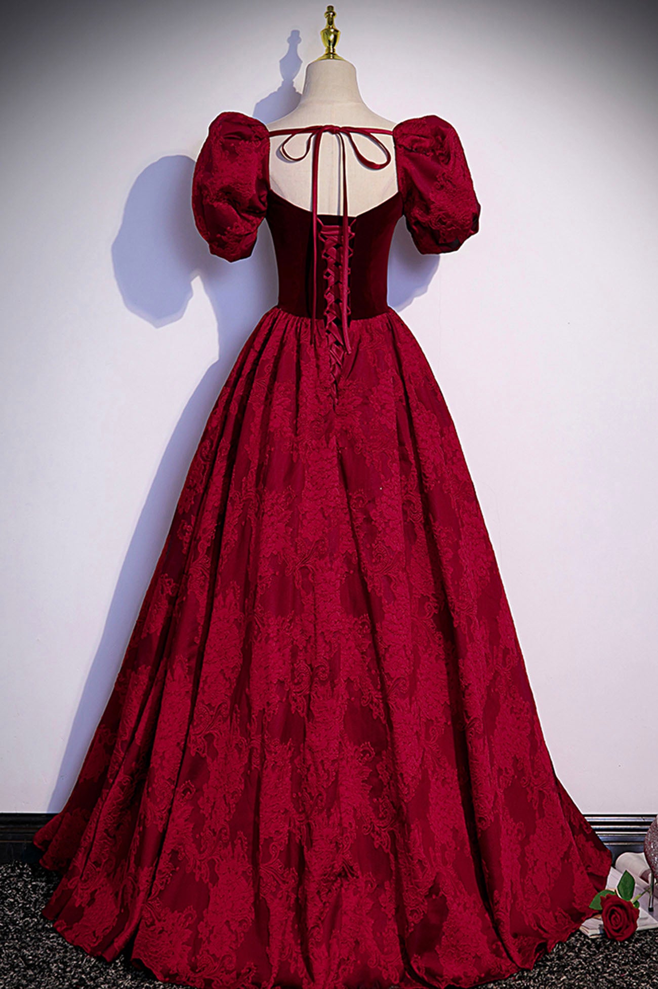 Burgundy Velvet Long A-Line Prom Dress, Burgundy Short Sleeve Evening Dress