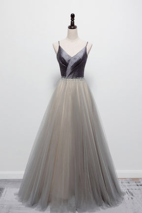 Gray Tulle Long A-Line Prom Dress, V-Neck Spaghetti Straps Evening Dress