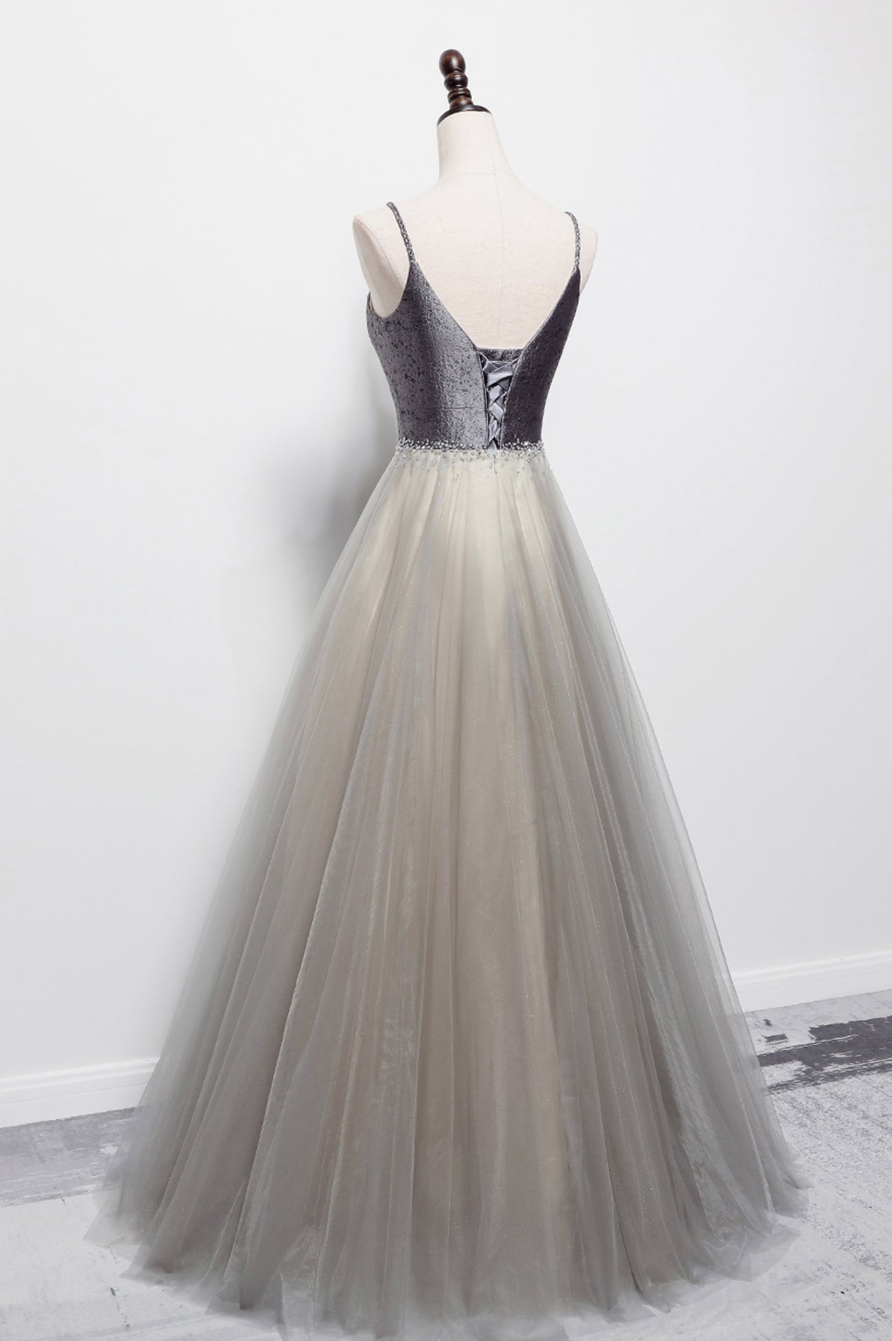 Gray Tulle Long A-Line Prom Dress, V-Neck Spaghetti Straps Evening Dress