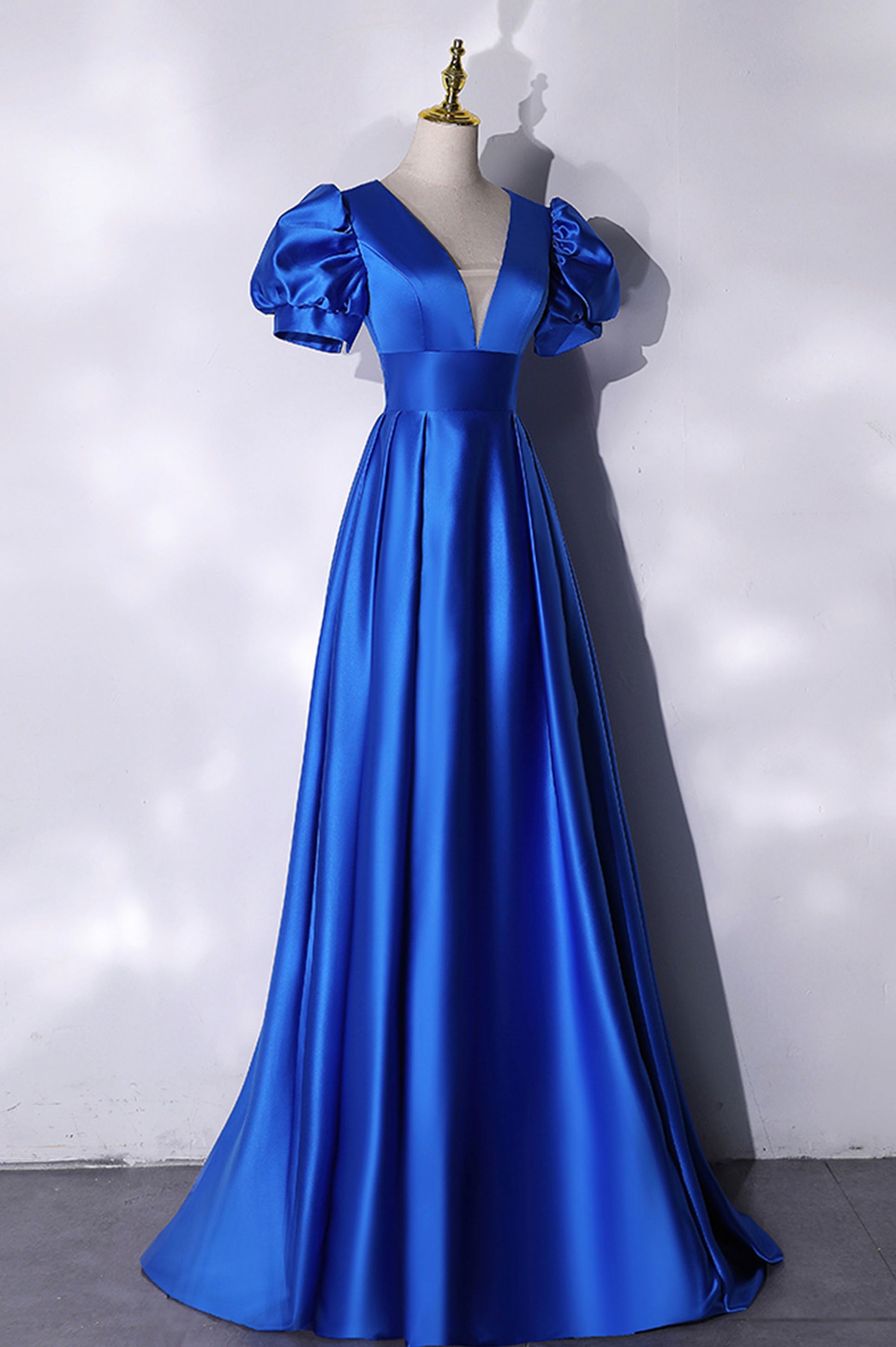 Blue V-Neck Satin Long Prom Dress, Simple Blue Evening Party Dress