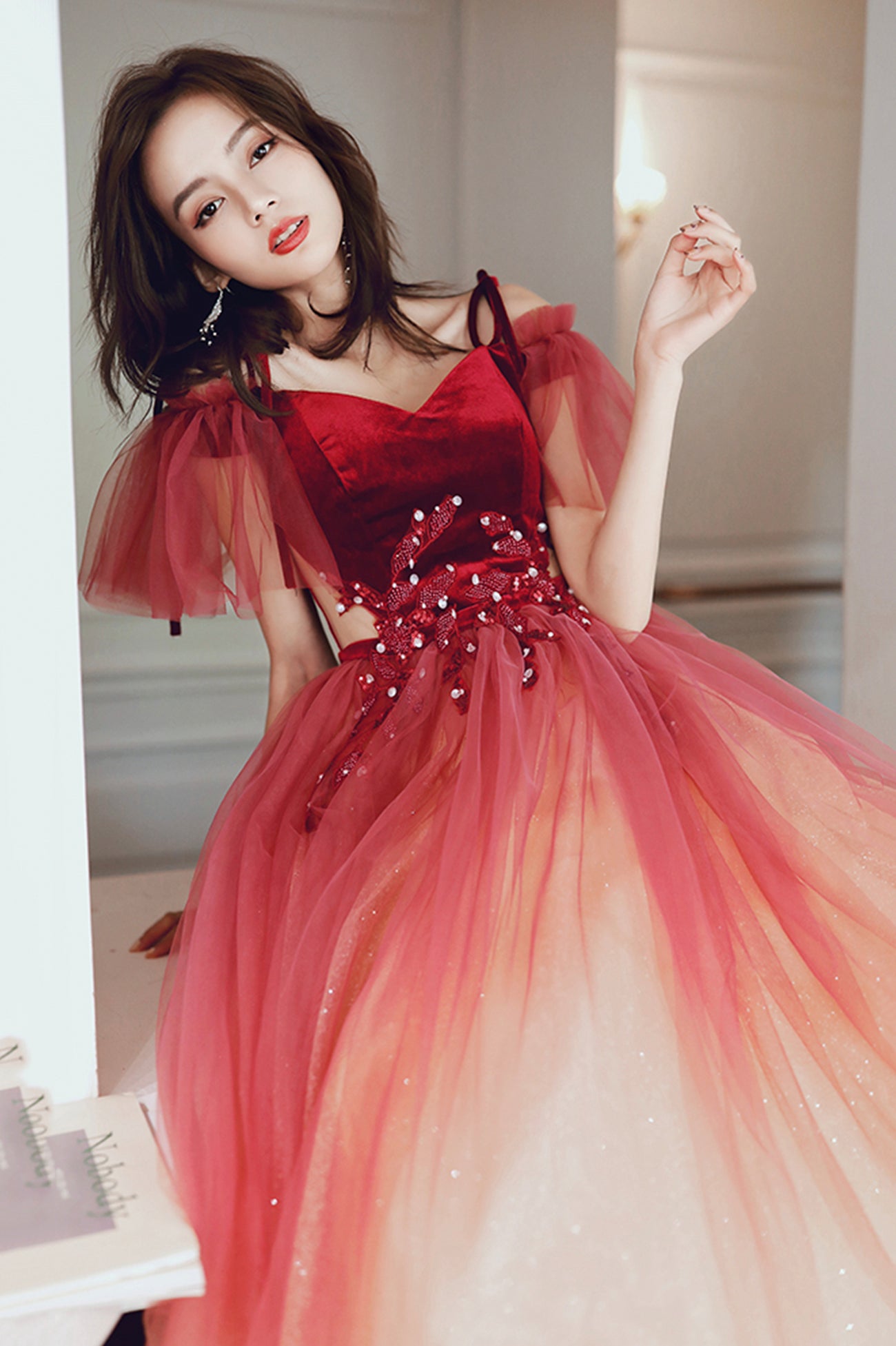 red gradient dress Gradient Red And Black Tulle Sweetheart Party Dress 2019, Long Formal Gown 2019