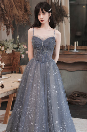 A-Line Spaghetti Straps Tulle Long Prom Dress, Cute A-Line Evening Dress