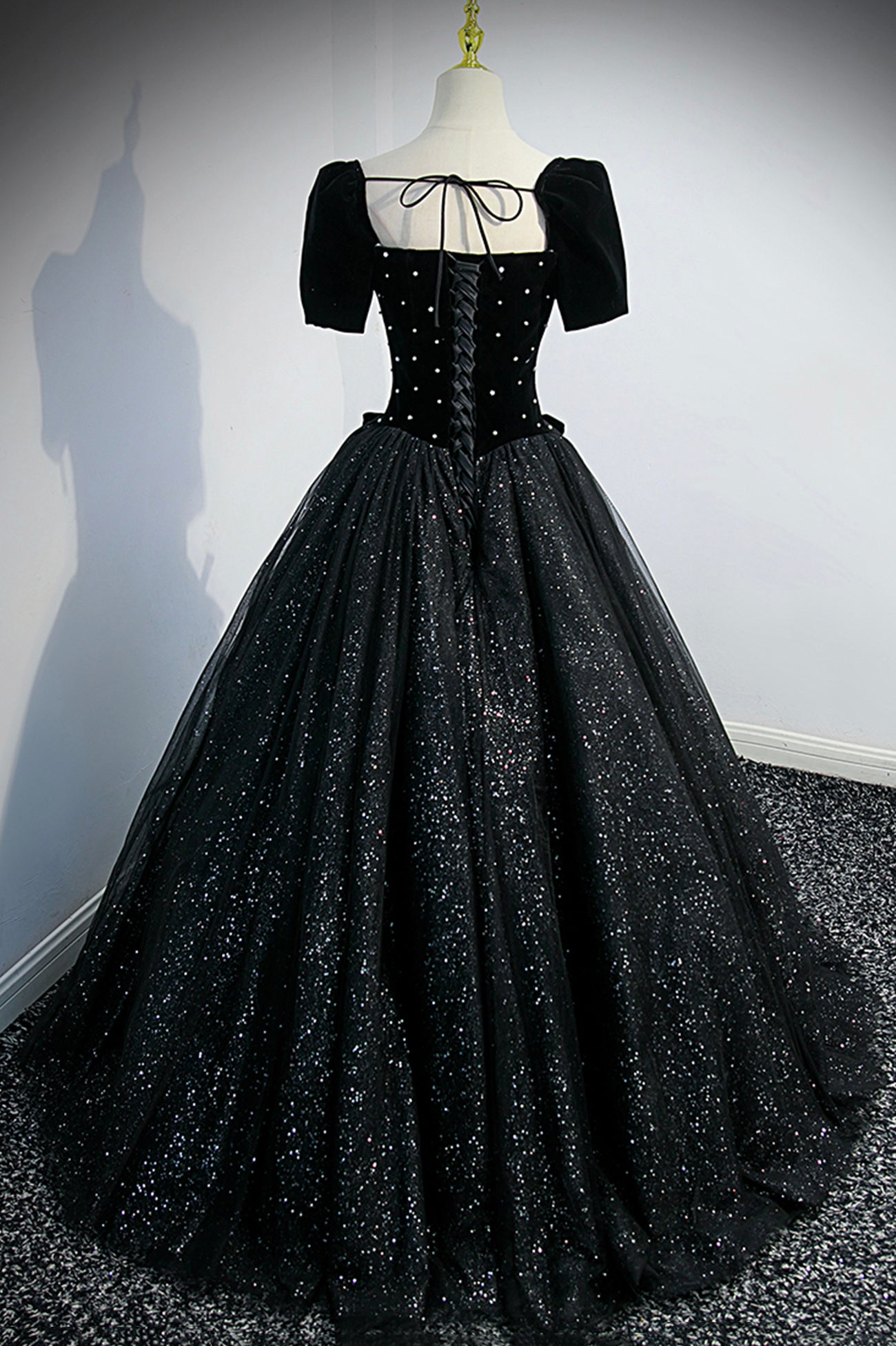 Black Velvet Tulle Long Ball Gown, Black A-Line Formal Evening Gown