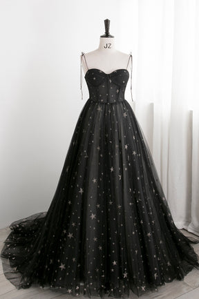 Black Tulle Long Prom Dress with Stars, Cute Spaghetti Straps Graduation Dress