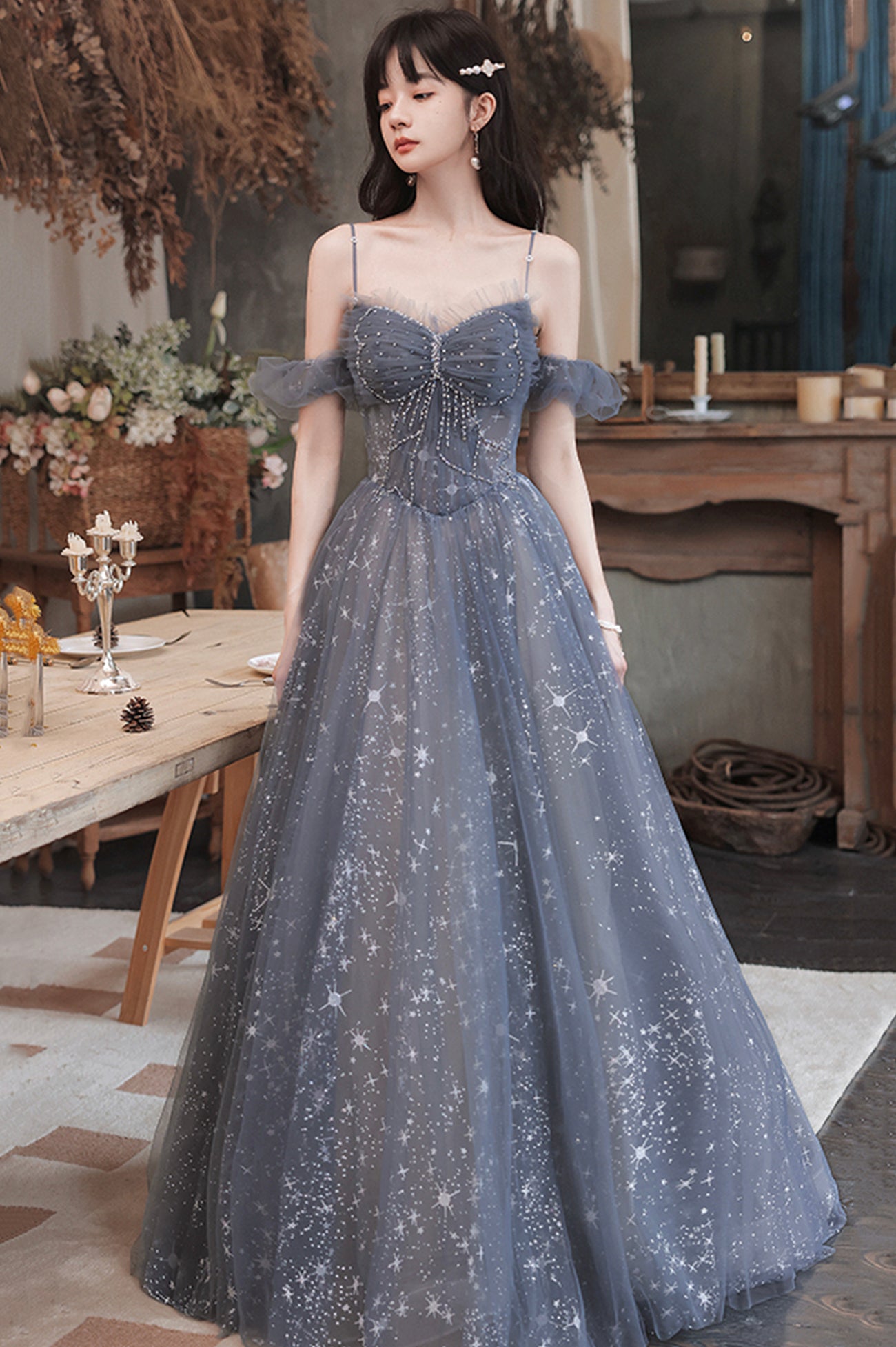 A-Line Spaghetti Straps Tulle Long Prom Dress, Cute A-Line Evening Dress