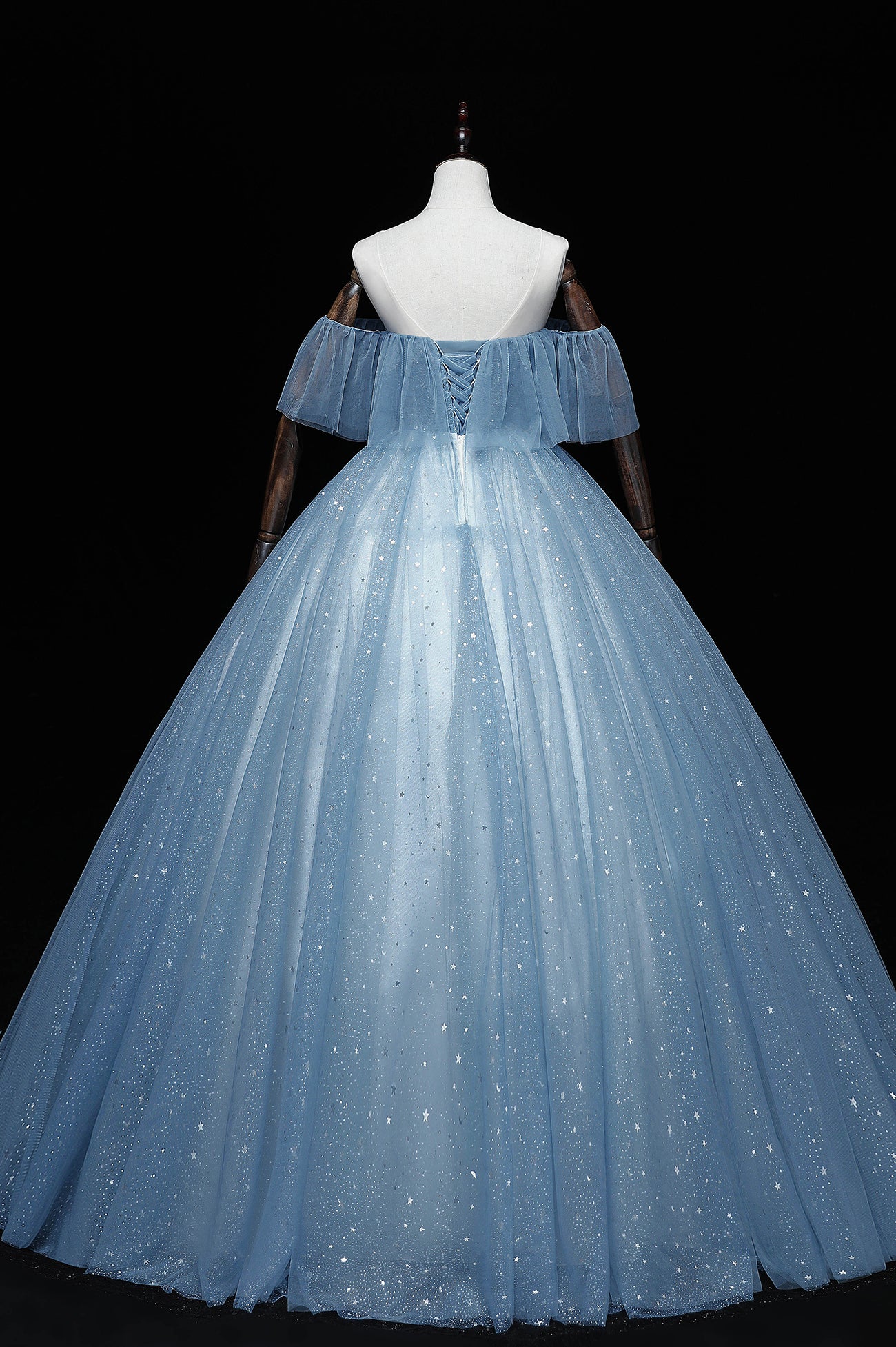 Blue Tulle Lace Long A-Line Ball Gown, Off the Shoulder Formal Evening Gown