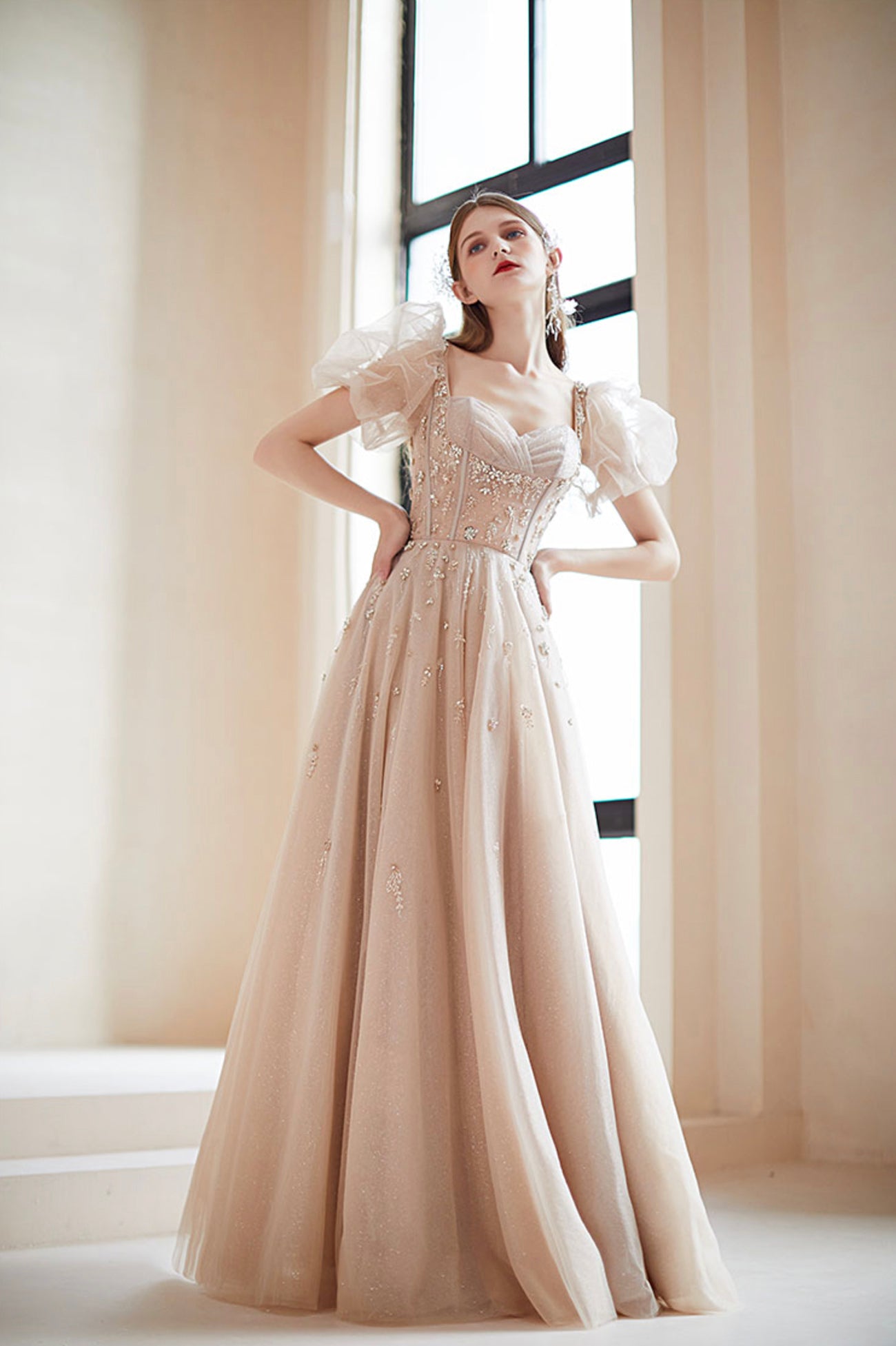 Champagne Tulle Long Prom Dress with Beaded, Cute A-Line Graduation Dress