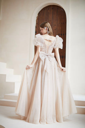 Champagne Tulle Long Prom Dress with Beaded, Cute A-Line Graduation Dress