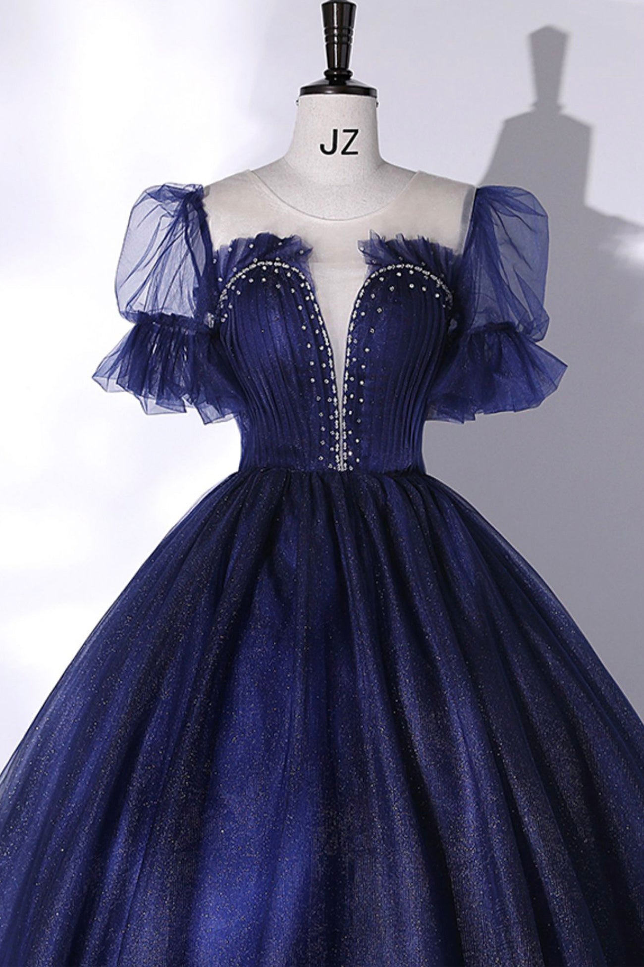 Blue Scoop Neckline Tulle Long Prom Dress, A-Line Short Sleeve Evening Blue Scoop Neckline Tulle Long Prom Dress, A-Line Short Sleeve Evening