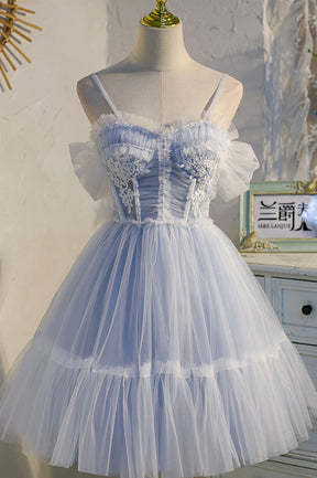 Lovely Tulle Spaghetti Strap Short Prom Dresses, A-Line Lace Homecoming Dresses