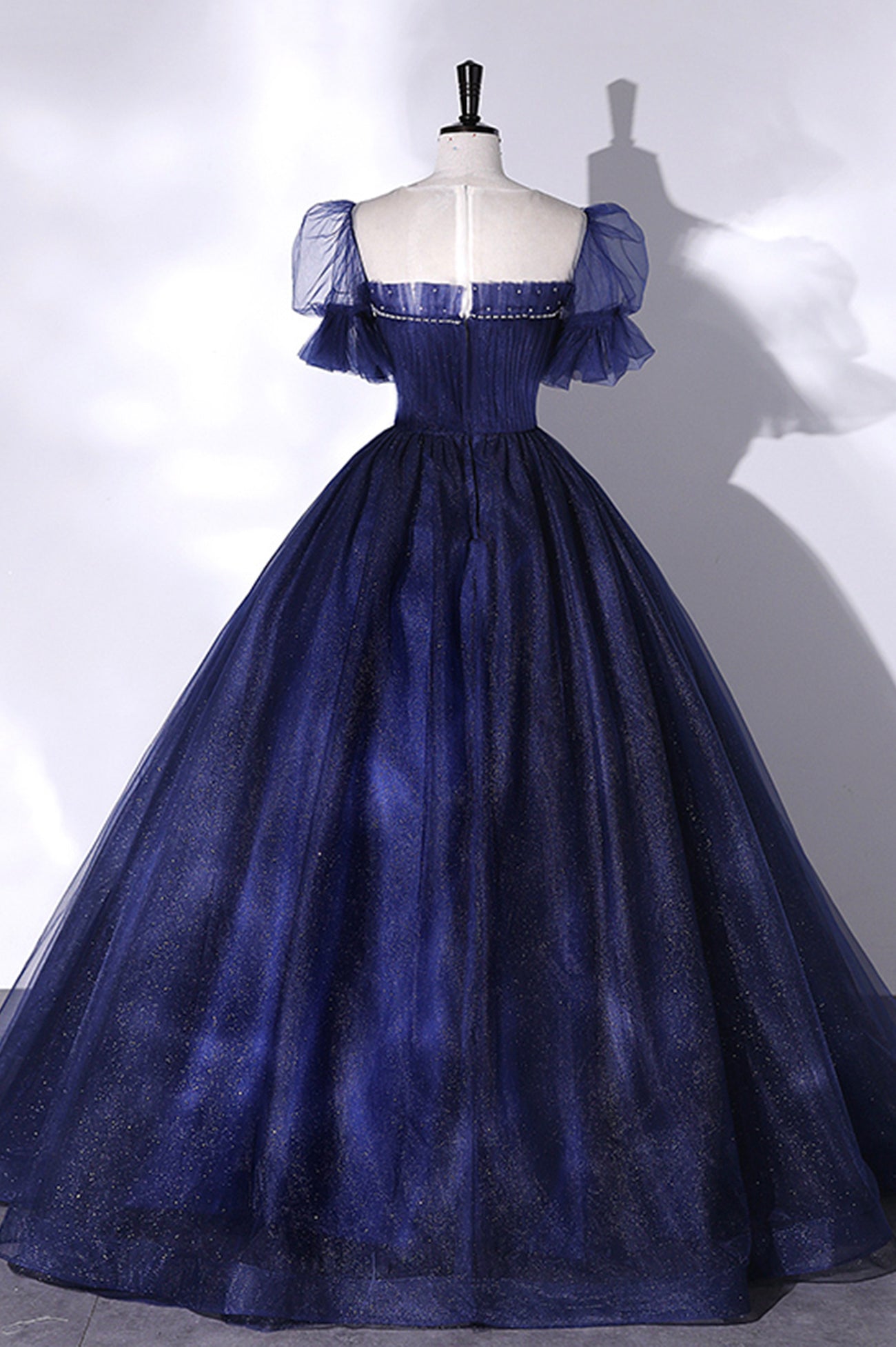 Blue Scoop Neckline Tulle Long Prom Dress, A-Line Short Sleeve Evening Gown