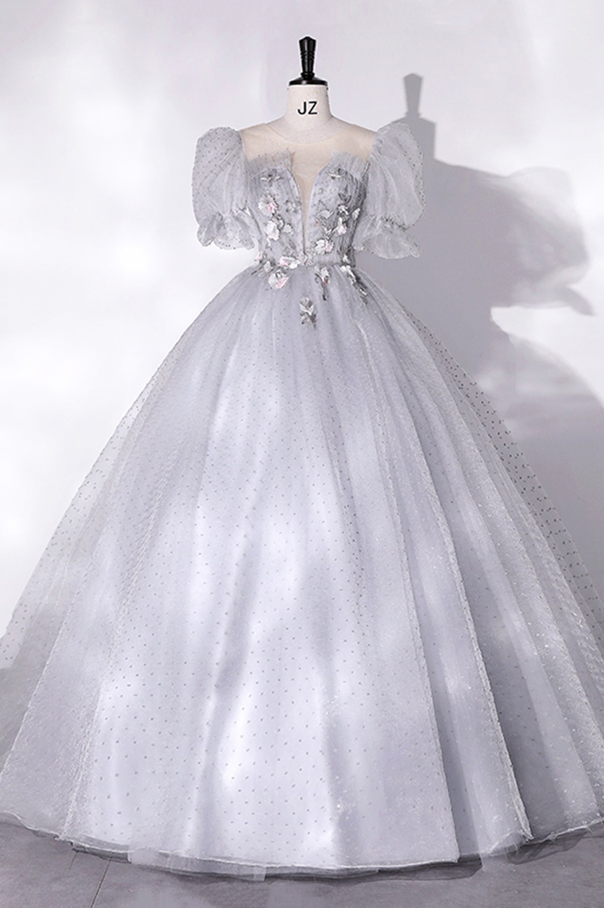 Gray Tulle Long A-Line Ball Gown, Gray Short Sleeve Evening Gown