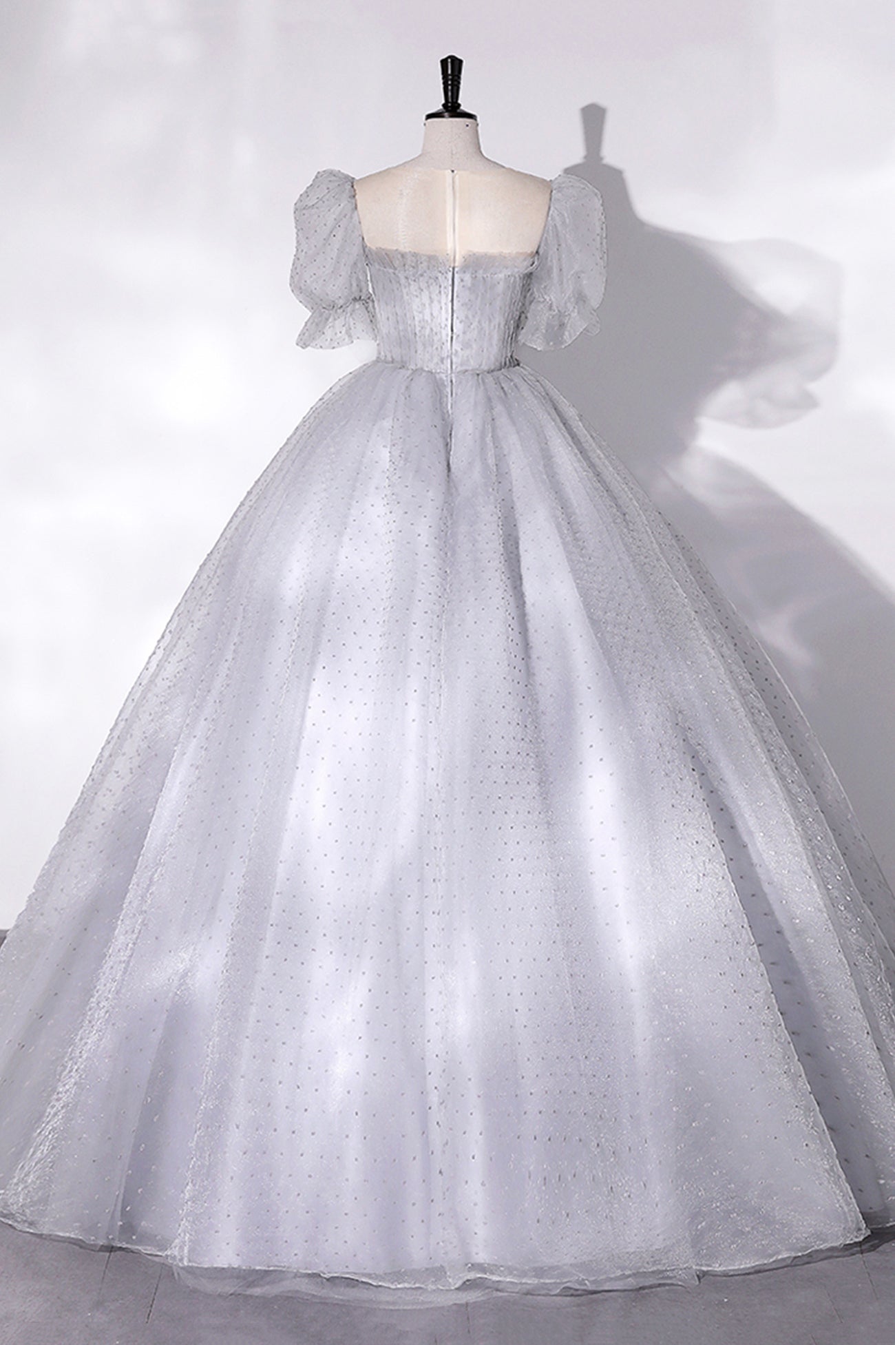Gray Tulle Long A-Line Ball Gown, Gray Short Sleeve Evening Gown