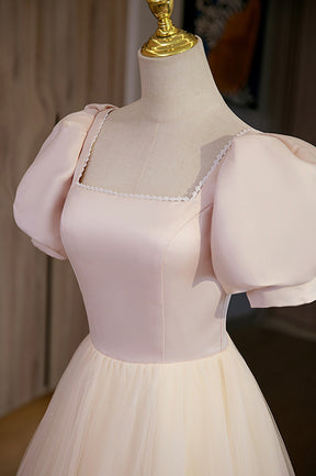 Cute Satin Tulle Long Prom Dress, A-Line Short Sleeve Evening Dress