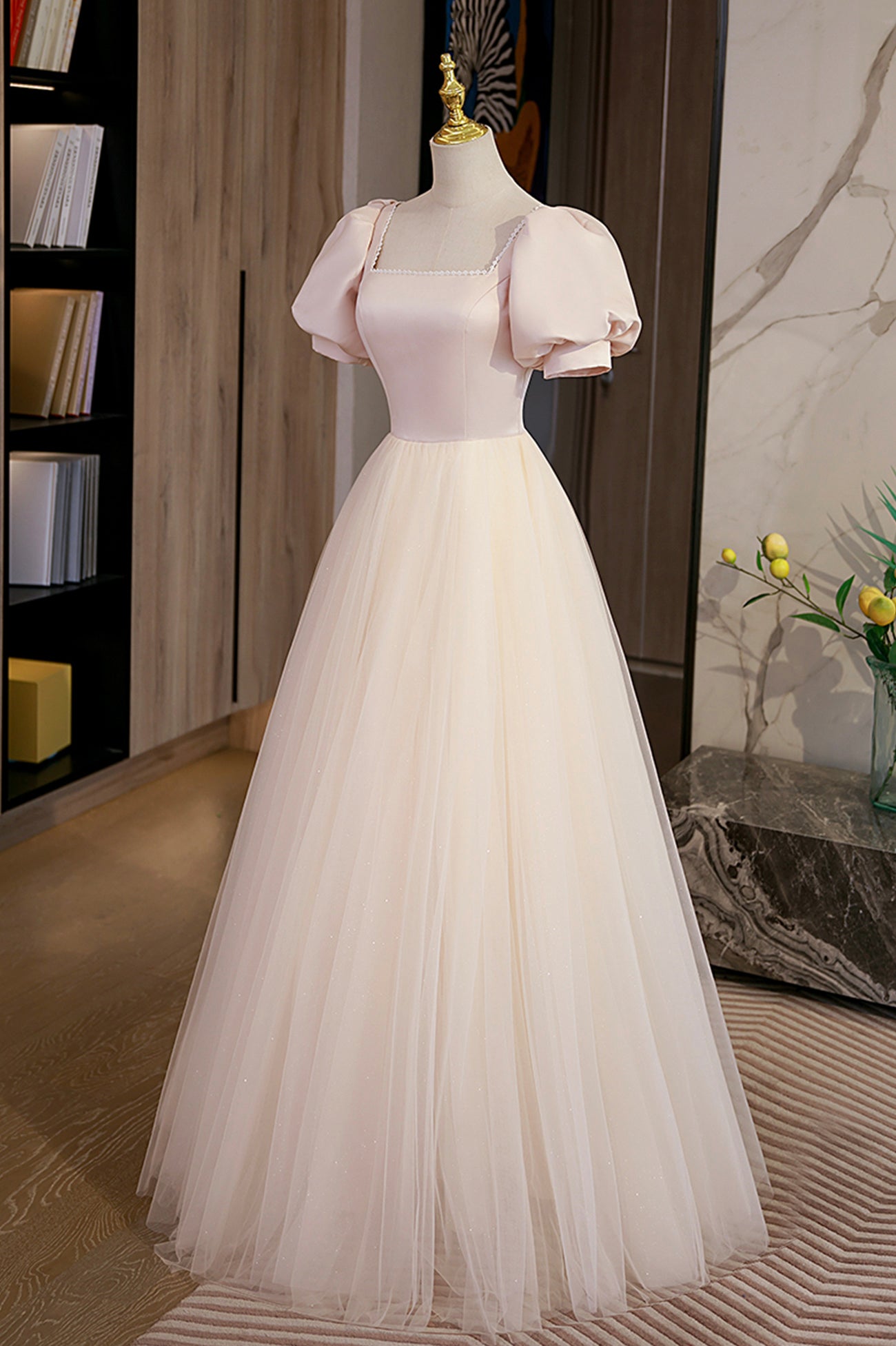 Cute Satin Tulle Long Prom Dress, A-Line Short Sleeve Evening Dress