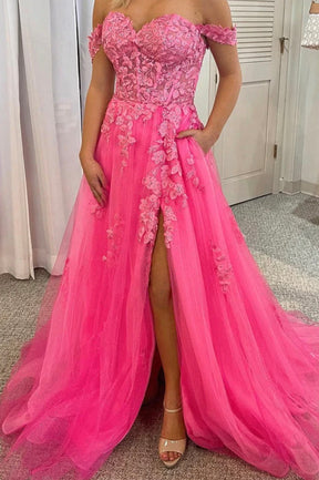 Pink Tulle Off the Shoulder Prom Dress with Lace, A-Line Evening Dress with Slit