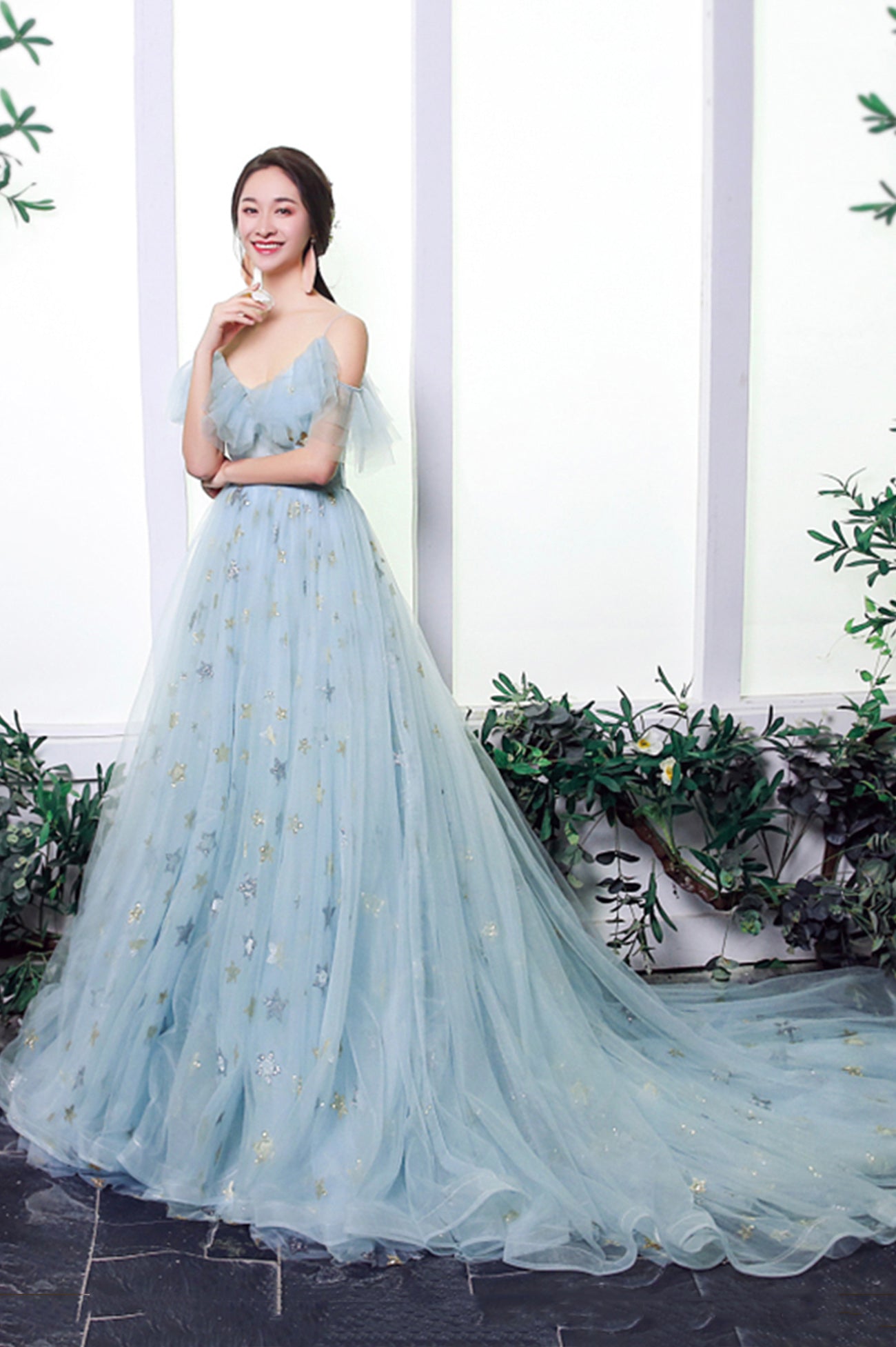 Blue Tulle Long A-Line Prom Dress with Stars, Off the Shoulder Evening Party Dress