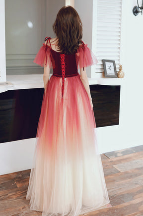 Cute Gradient Tulle Long A-Line Prom Dress, Burgundy Off the Shoulder Evening Dress