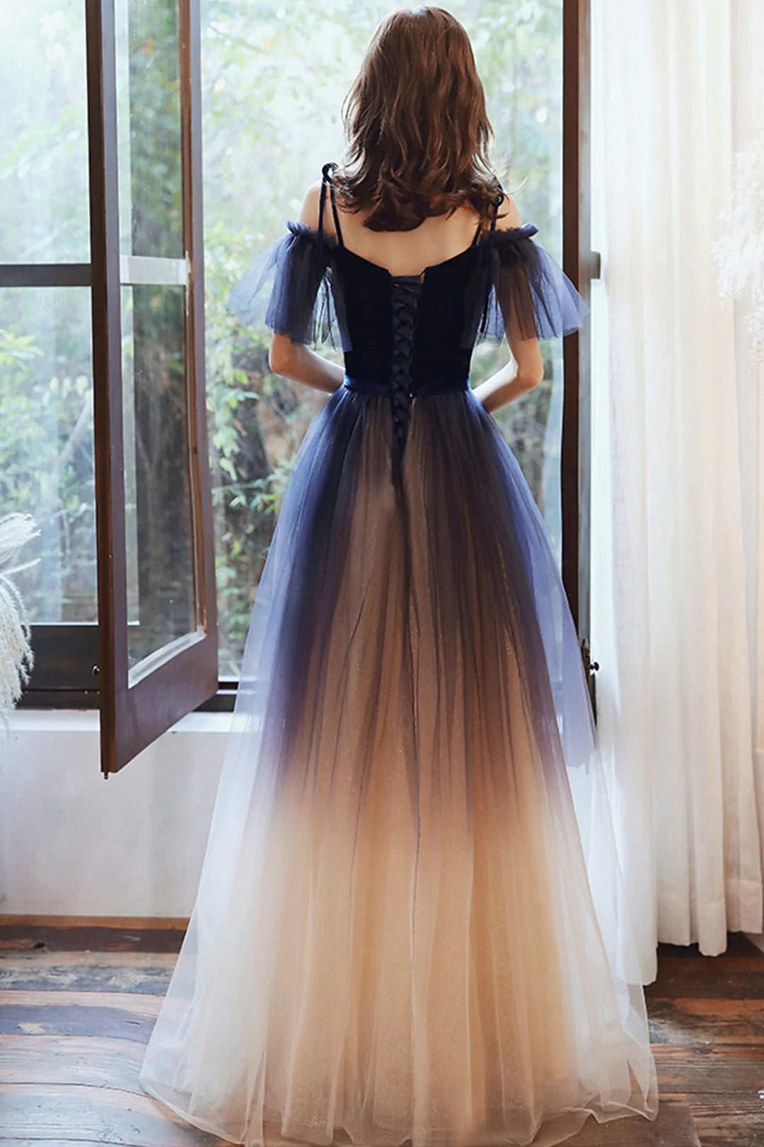 Beautiful Gradient Tulle Long Formal Dress, Blue Velvet and Lace Eveni
