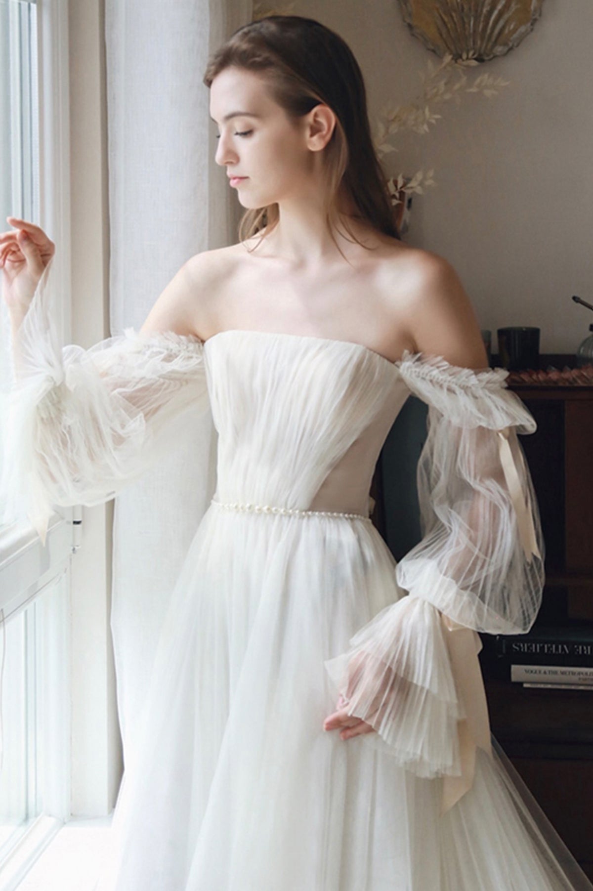 White Chiffon Long Sleeve Prom Dress, Off the Shoulder Evening Party Dress