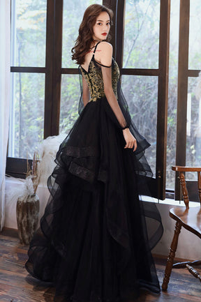 Black Spaghetti Strap Lace Long Prom Dress, Black Evening Graduation Dress