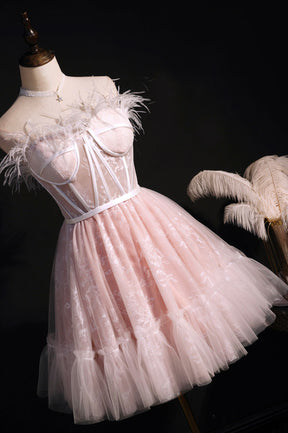 Pink A-Line Tulle Short Prom Dress with Feather, Pink Strapless Party Dress
