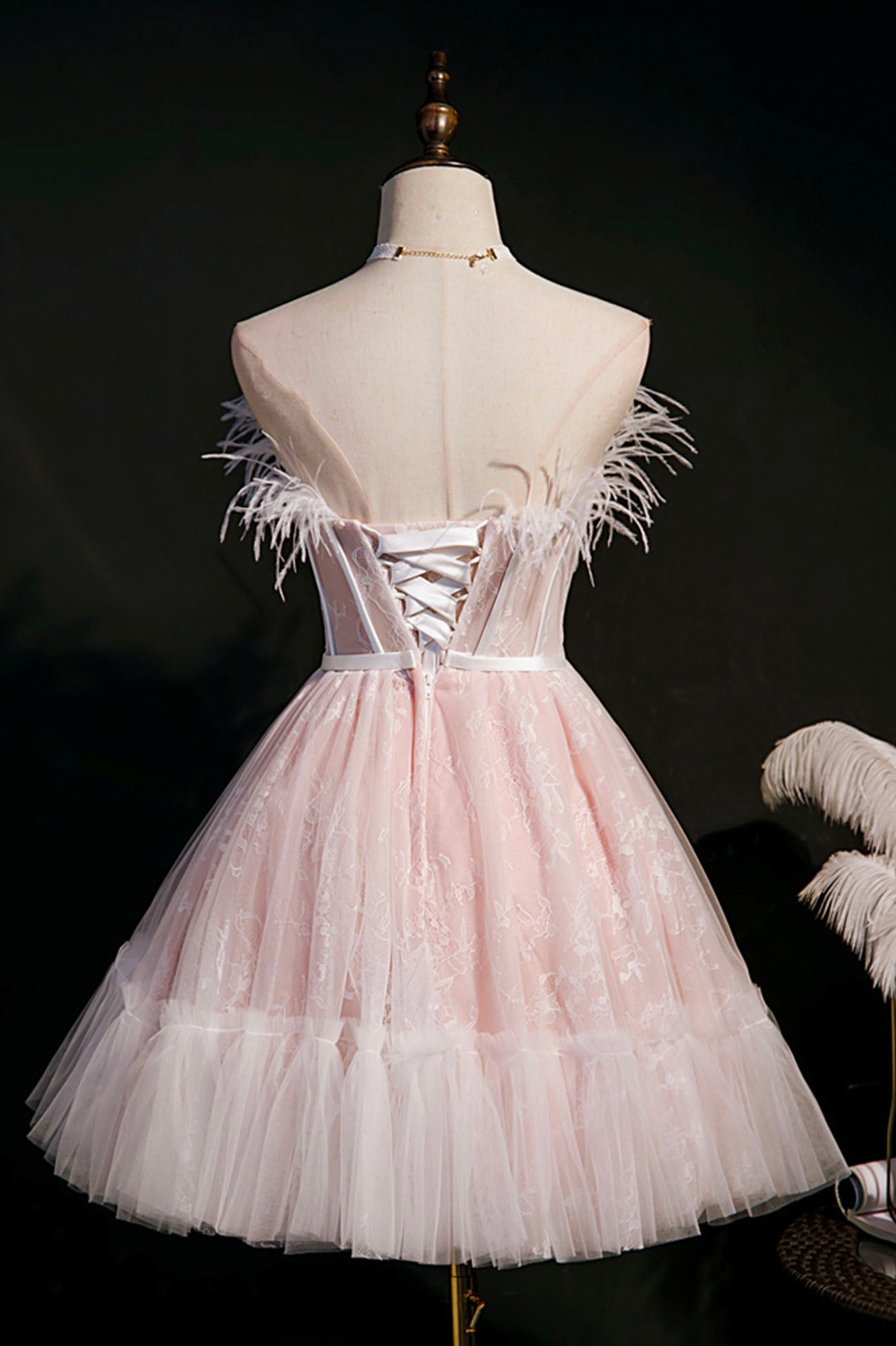 Pink A-Line Tulle Short Prom Dress with Feather, Pink Strapless Party Dress