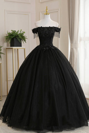 Black Tulle Lace Long Prom Dress, Black A-Line Evening Gown