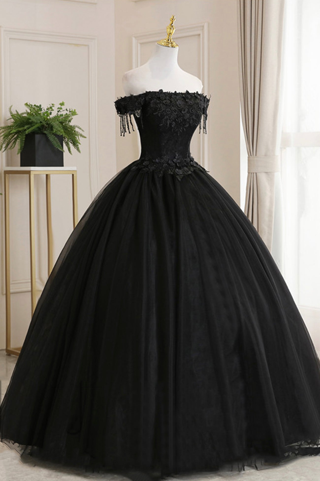 Black Tulle Lace Long Prom Dress, Black A-Line Evening Gown