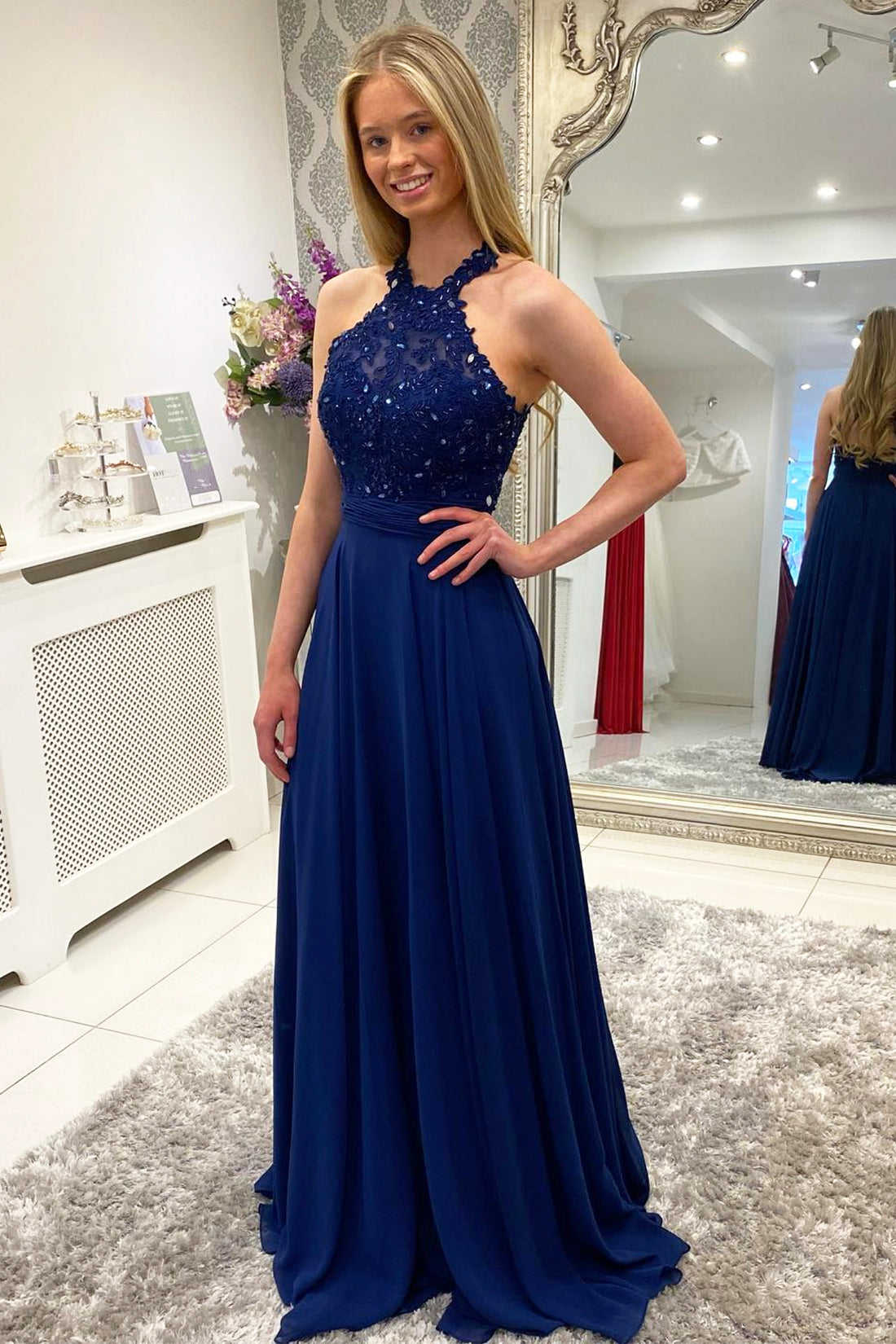 Blue Chiffon Lace Long Prom Dress, A-Line Backless Evening Dress Graduation Dress