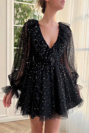 Black V-Neck Tulle Short Prom Dress, Cute A-Line Long Sleeve Party Dress