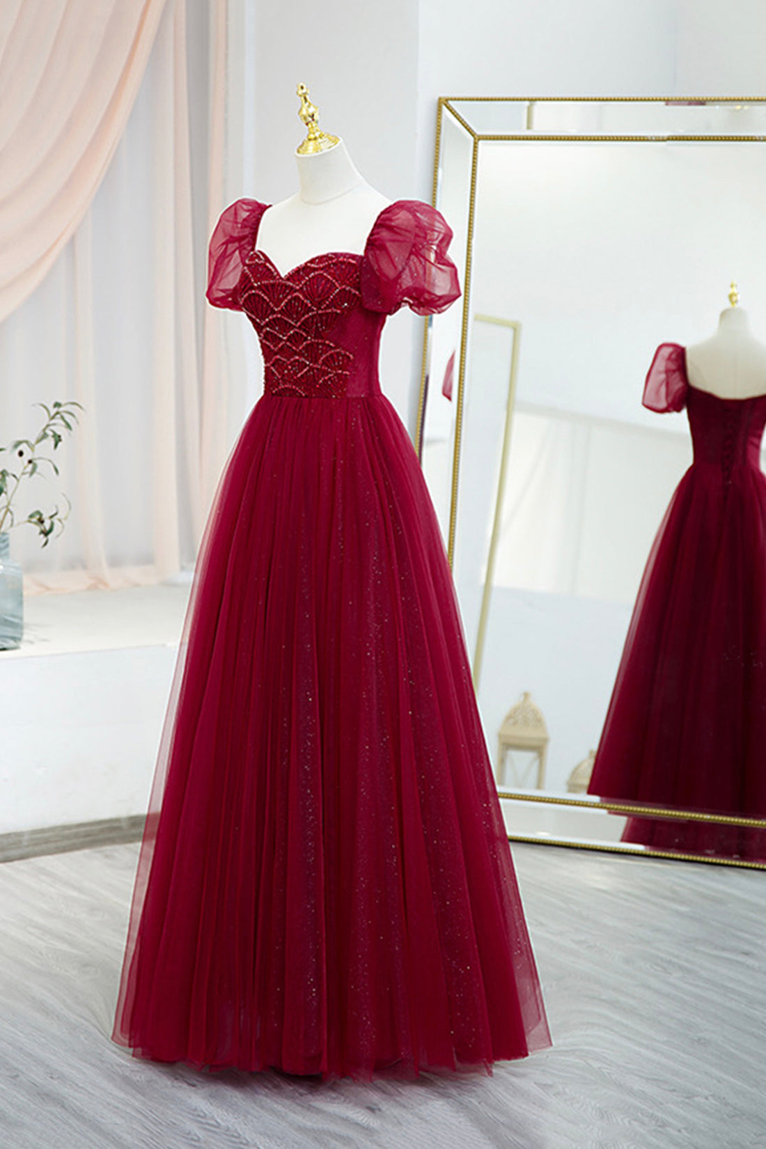 Burgundy Tulle Beaded Long Prom Dress, A-Line Short Sleeve Evening Dre Burgundy Tulle Beaded Long Prom Dress, A-Line Short Sleeve Evening Dre