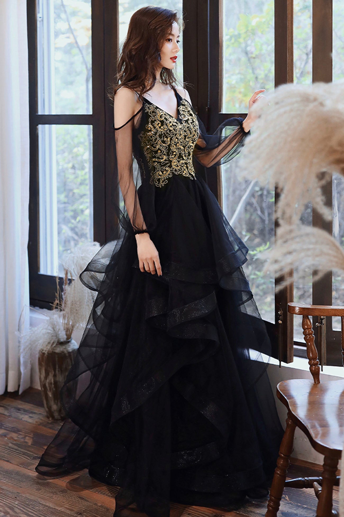 graduation dress black Matte Kinder Gown 3'10" - 4'0" please do rush order service Black Spaghetti Strap Lace Long