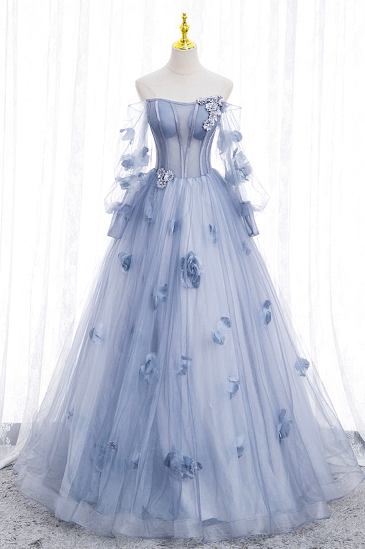 Blue Tulle Long Sleeves Formal Dress with Flowers, Blue A-Line Prom Dress