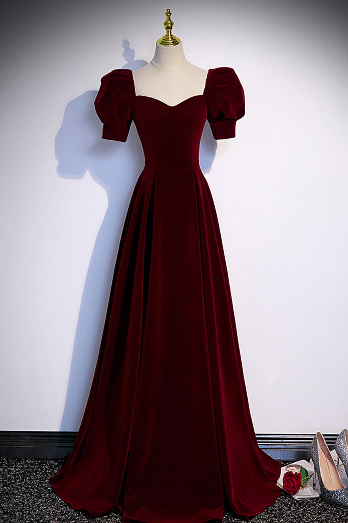 Burgundy Velvet Long A-Line Prom Dress, Simple Short Sleeve Party Dress