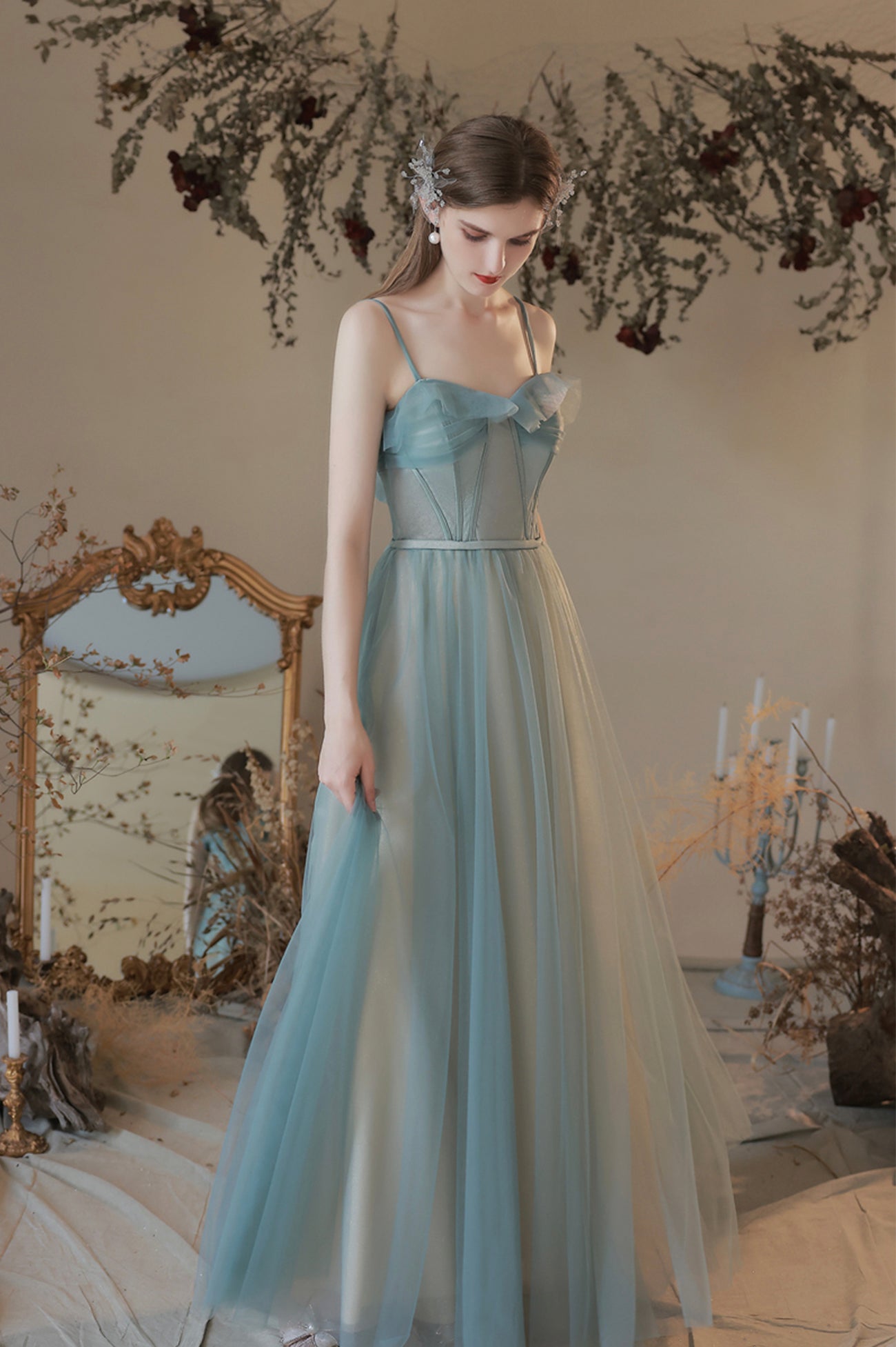 A Line Tulle Long Prom Dress, Simple Spaghetti Strap Evening Dress