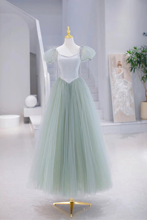 Lovely Tulle Floor Length Prom Dress, A-Line Short Sleeve Evening Party Dress