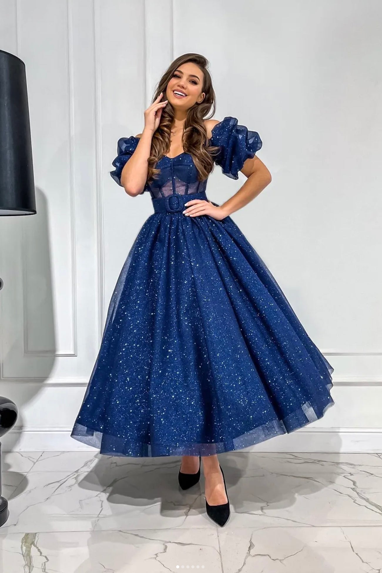 Blue Tulle Short A-Line Prom Dress, Cute Blue Tea Length Evening Party Dress
