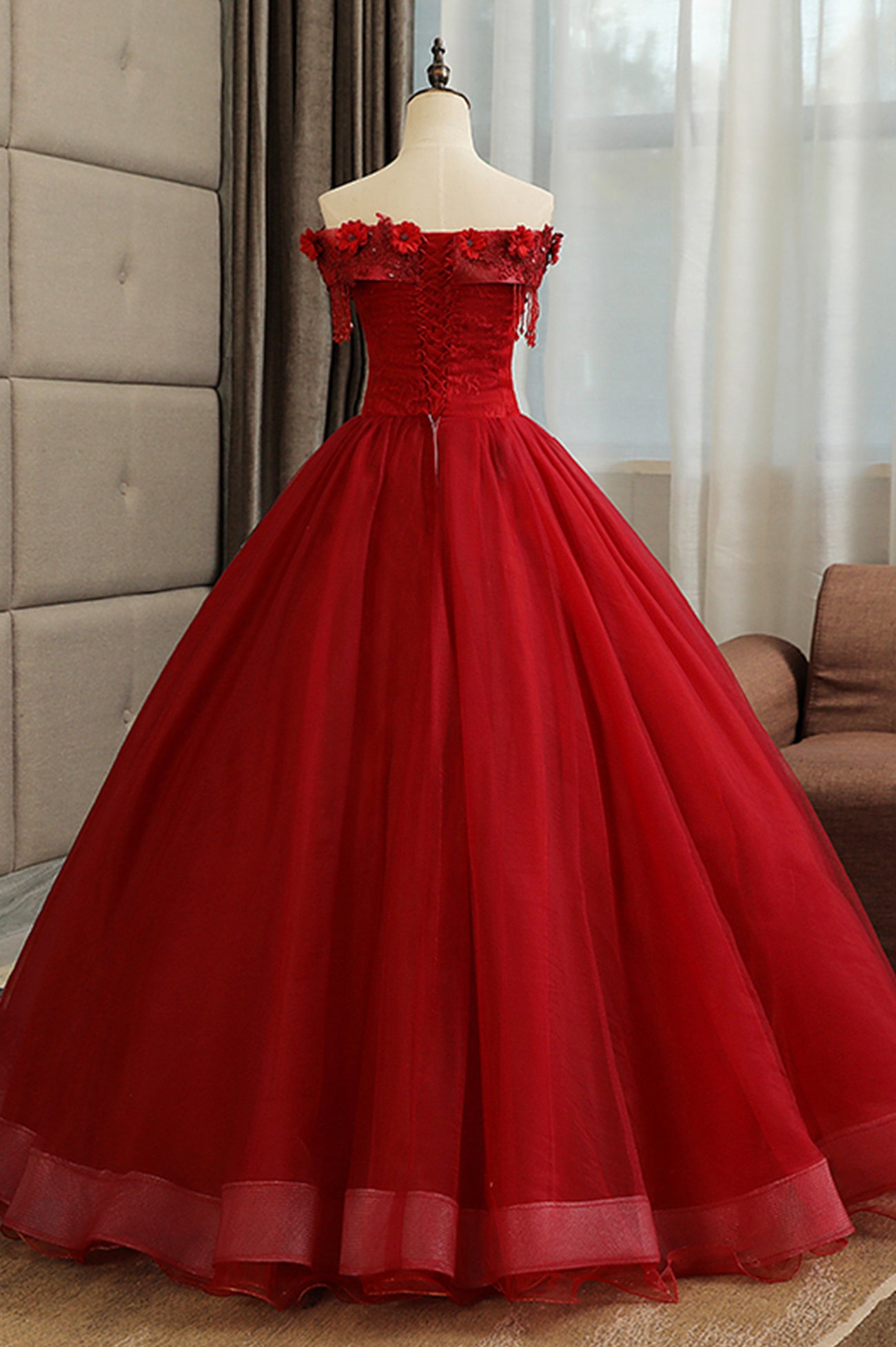 Burgundy Tulle Lace Long Prom Dress, Burgundy A-Line Evening Gown