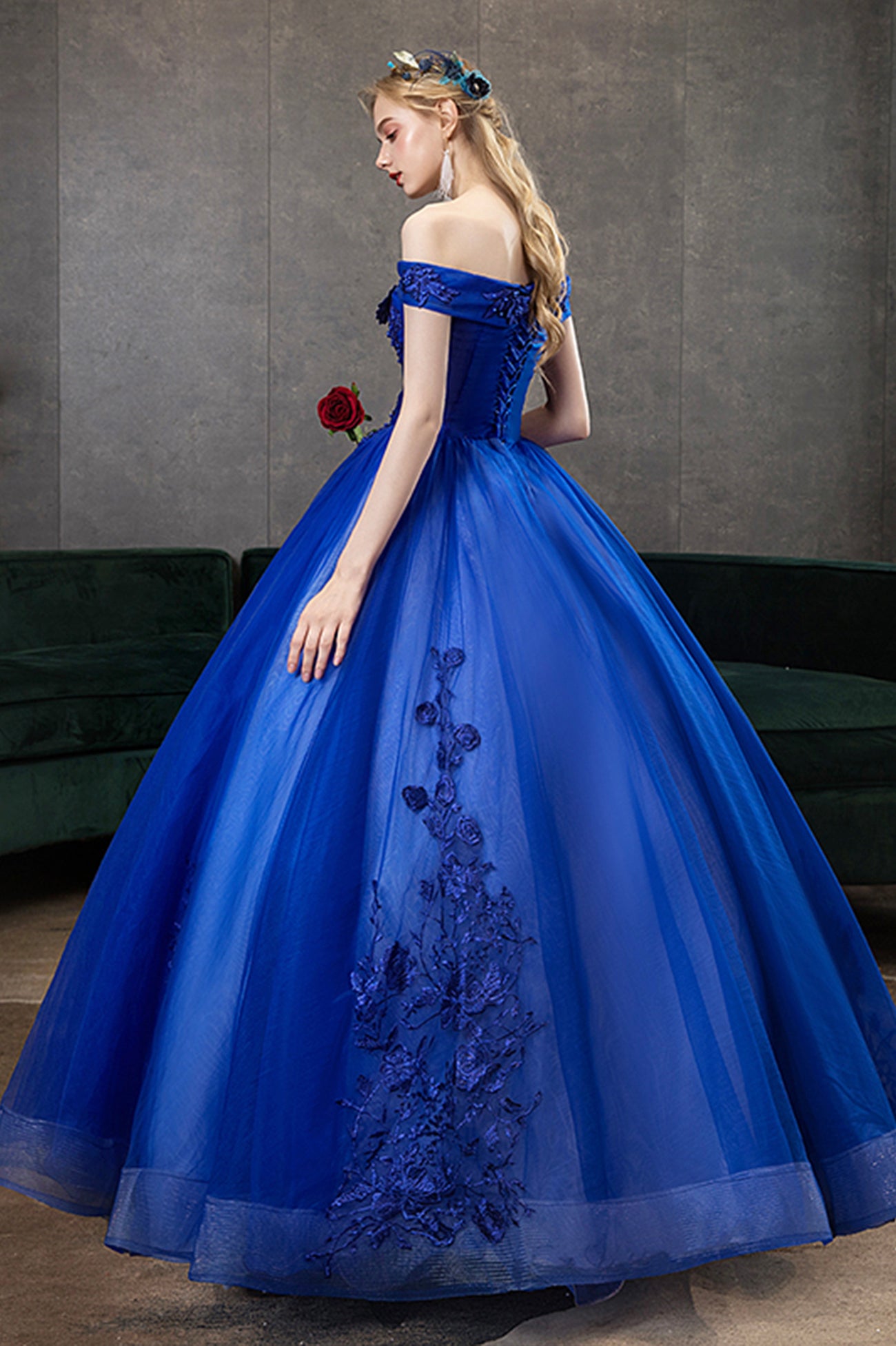 Blue Lace Long A-Line Ball Gown, Blue Off the Shoulder Formal Evening