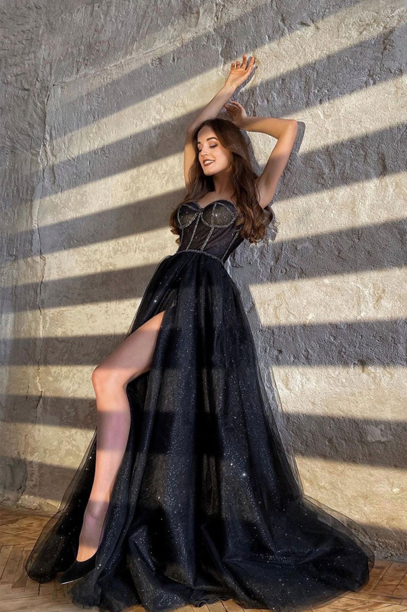 Black Shiny Tulle Floor Length Prom Dress, Black Evening Dress with Slit