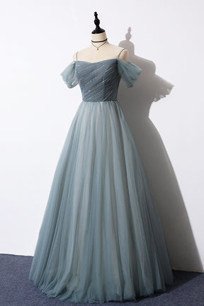 Gray Blue Spaghetti Strap Tulle Floor Length Prom Dress, Off Shoulder Evening Party Dress