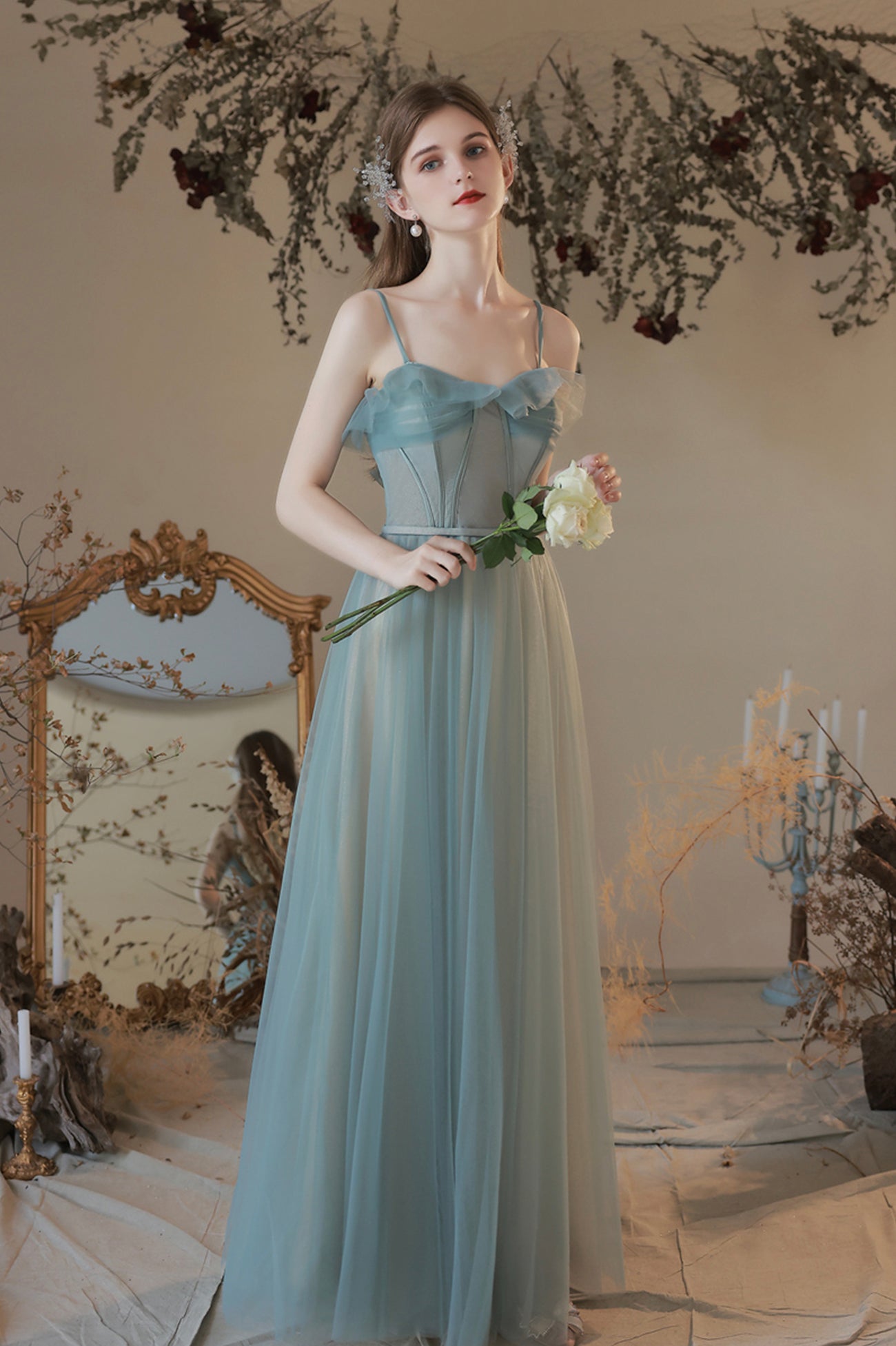 A-Line Tulle Long Prom Dress, Simple Spaghetti Strap Evening Dress