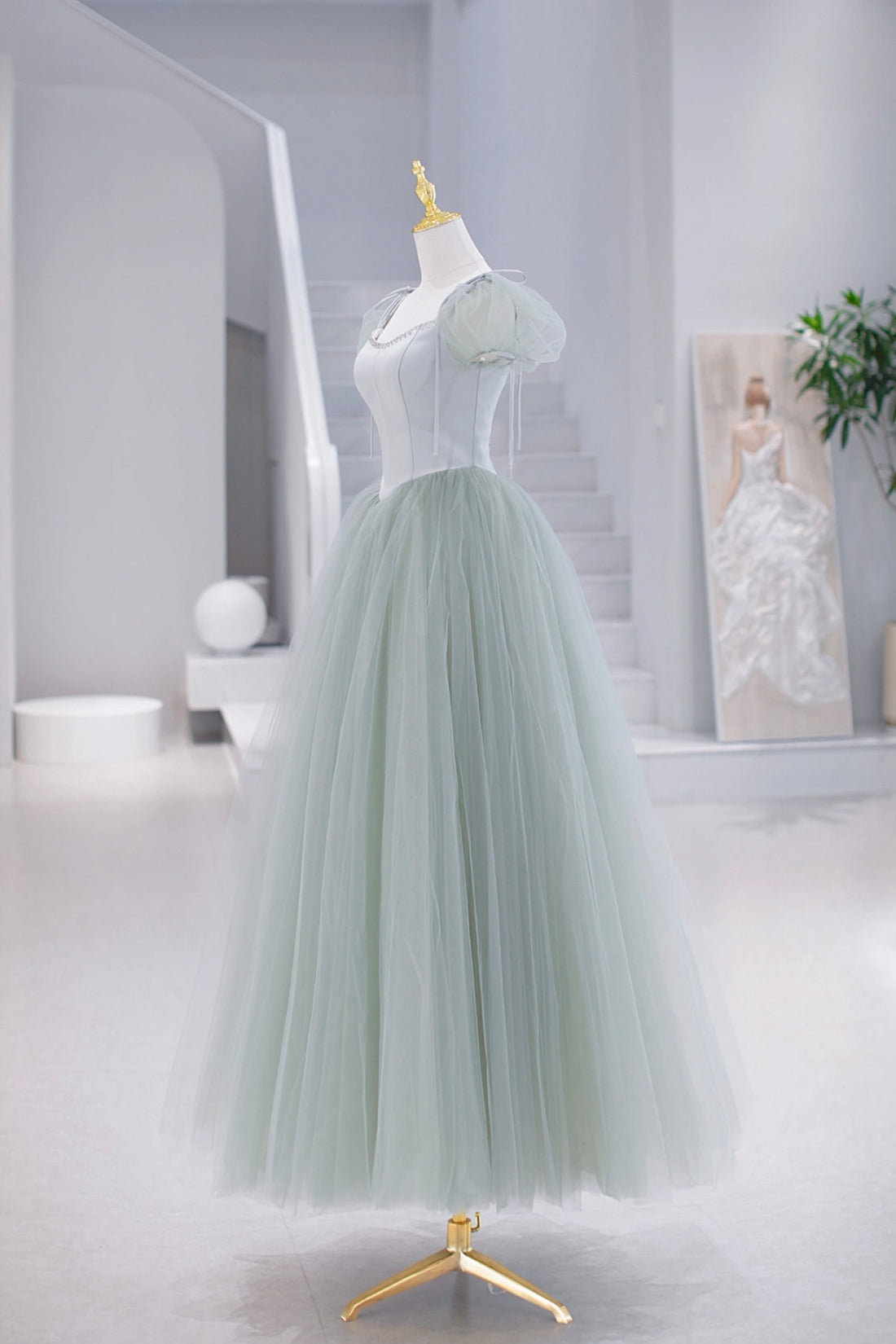 Lovely Tulle Floor Length Prom Dress, A-Line Short Sleeve Evening Party Dress