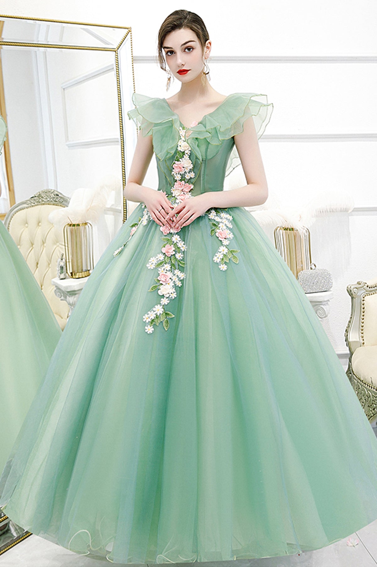 Green Tulle Long A-Line Prom Dress with Lace, Green Evening Formal Gown